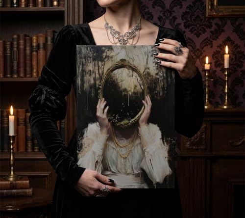 Gothic Victorian Canvas Wall Art - Elegant Woman with Pearls & Lace - Brown - 16x24in