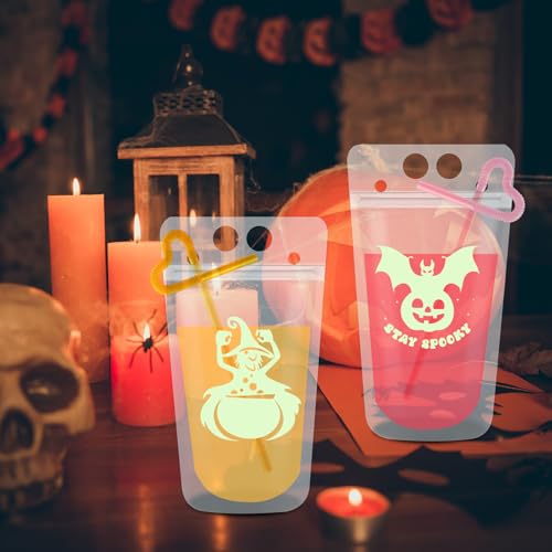 Glow in the Dark Halloween Drink Pouches with Straws - Spooky Party Decorations, 36 Pack