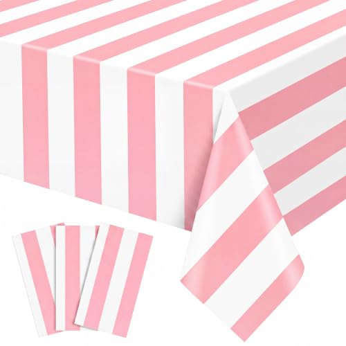 Disposable Pink and White Striped Tablecloths - 3 Pack, 54x108 Inches, Carnival Theme, Party Decor