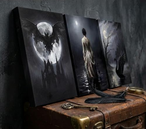 Gothic Wall Art Set of 3 - Victorian Dark Woman, Bat & Swan Prints, Unframed 24x16 inches - Moody Home Decor
