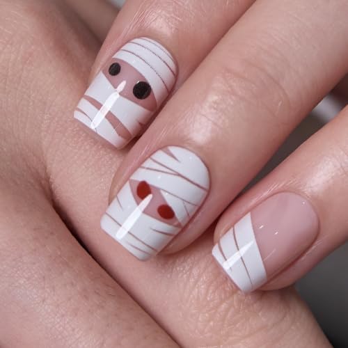 Press On Nails Short Square Halloween Boo Bandage White Pink - CurvLife