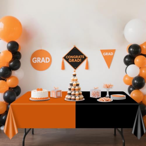 Halloween & Graduation Orange Black Rectangle Tablecloths - 4 Pack, 51x86 Inch - Variation: Orange & Black