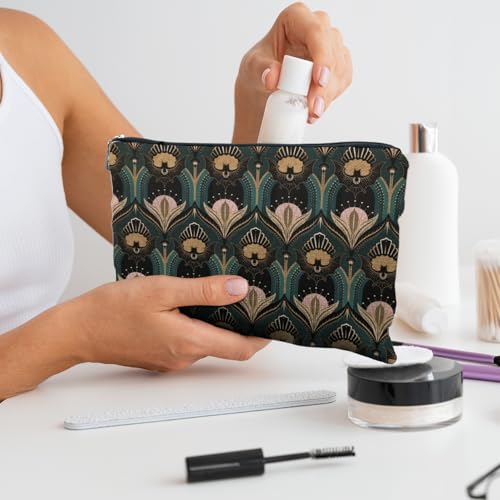 Witchy Goth Makeup Bag Bats and Flowers Vintage 1920s Style Cosmetic Pouch for Women