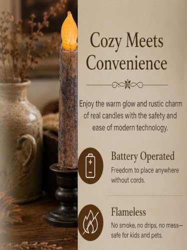6.5-Inch Real Wax Primitive Battery-Operated Taper Candles - Rustic Farmhouse Decor