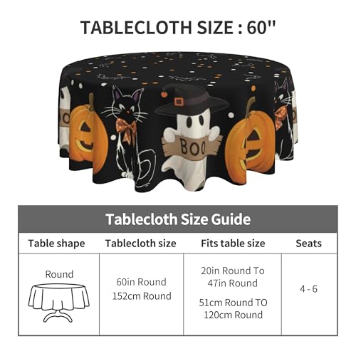 Black Halloween Round Tablecloth 60 Inch Spooky Pumpkin Ghost Cat Design Waterproof