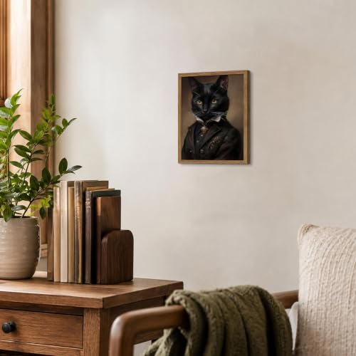 Black Cat Wall Art Canvas - Framed Gothic Bathroom Decor, 16x12 Inch, Halloween & Dark Academia Gift