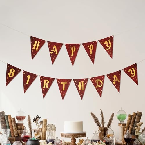 Happy Birthday Banner Set - Burgundy & Gold Wizard Theme Party Decorations
