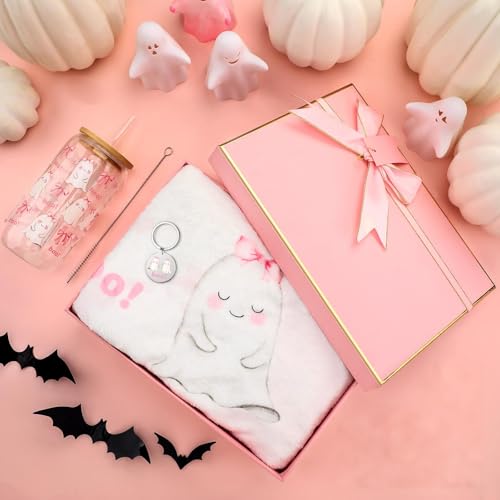 Halloween Ghost Gift Set with Pink Bow Glass Cup Blanket & Keychain - For Women