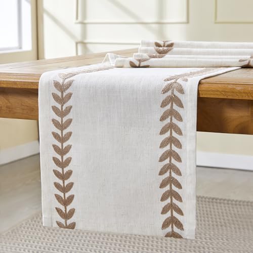 Taupe Linen Embroidered Table Runner 13x108 Inches - Elegant Dining Decor