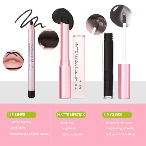 3 Pack Black Lip Combo Set - Matte Lip Liner, Lipstick & Gloss - Variation B- Set 5