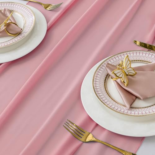 10ft Chiffon Table Runner Set - Dusty Rose 10 Pieces with Ribbons for Weddings