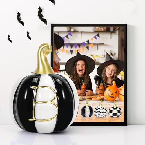 Ceramic Halloween Pumpkin Decor Set - 6 Black & White Buffalo Plaid, Polka Dots & Stripes, Fall & Thanksgiving Decor