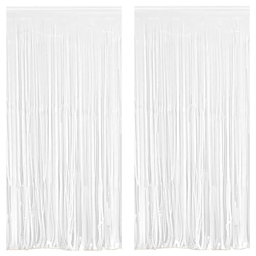 White Foil Fringe Curtain 3.3×8.3FT - 2 Pack Metallic Tinsel Party Streamers