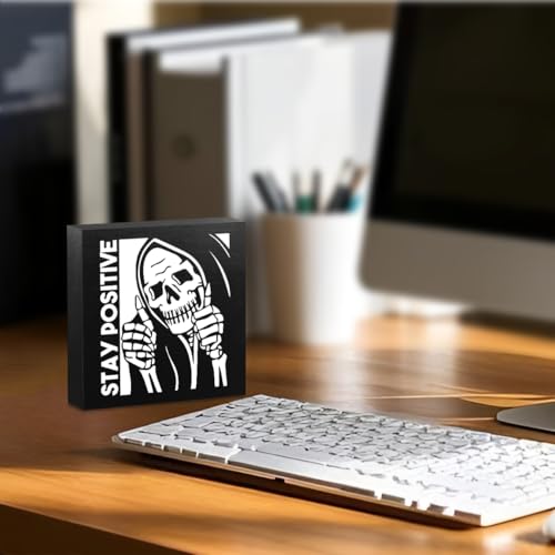 Inspirational Skeleton Man Wooden Box Sign - Stay Positive Halloween Decor