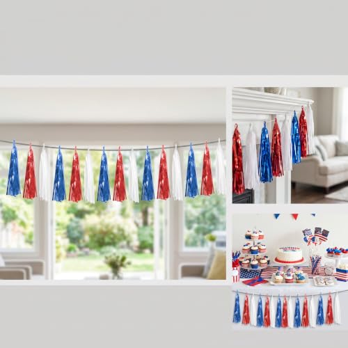 Red Blue White Foil Tassel Garland - 39.2Ft Party Streamers for Celebrations