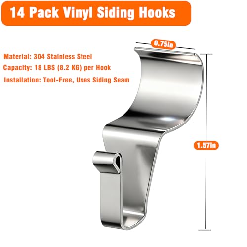 YUNFOOK 14 Pack Heavy Duty Vinyl Siding Hooks - No-Hole Stainless Steel Clips Support 18LB