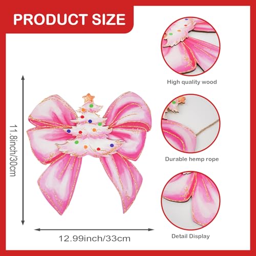 Pink Christmas Door Decoration - Wooden Bow Wreath for Front Door & Wall
