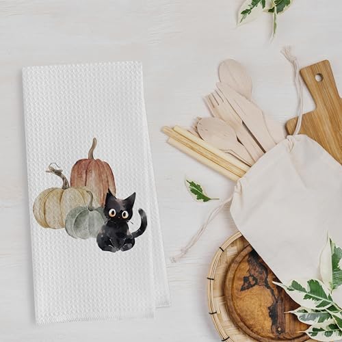 Gequtt Fall Pumpkin Dish Towels Set - Waffle Weave Kitchen Towels, Black Cat Gifts, Fall Decor - Fall-2