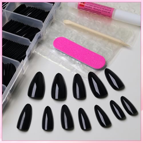 Black Almond Press On Nails Kit - 240pcs Medium Fake Nails with Glue & Adhesive Tabs