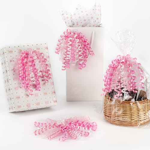 Pink & White Curly Gift Bows - 7 Inch Self-Adhesive & Tie-On for Gift Wrapping - 6 Pack