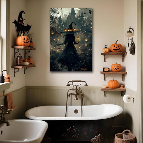Halloween Witch and Haunted House Canvas Wall Art - Style 3 24x16 Inches Halloween Decor