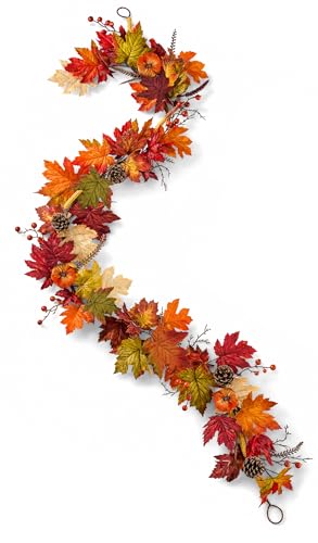 6FT Autumn Maple Leaf Garland with Pumpkins Pinecones & Berries - Fall Decor for Thanksgiving & Farmhouse Style
