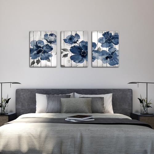 12x16in Navy Blue Wildflower Canvas Wall Art - Boho Floral Poster Set for Living Room & Bedroom