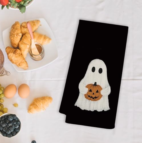 Dark Academia Ghost Pumpkin Kitchen Towels - Black Halloween Dish Hand Towel