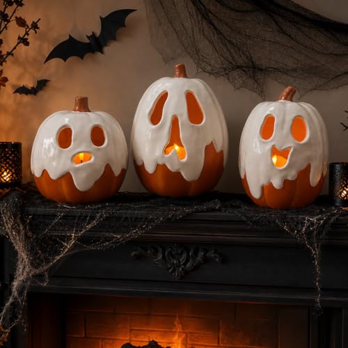 Medium Ghost Pumpkin Halloween Decor with Flameless Candle - Indoor Outdoor Centerpiece