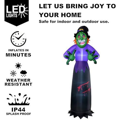 10FT Inflatable Halloween Witch Decor with LED Lights, Outdoor Yard Decoration