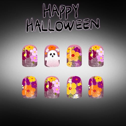 Halloween Press On Nails Short Square Purple with Spider Web Ghost & Flower Design - 24Pcs - Variation of THIS listing