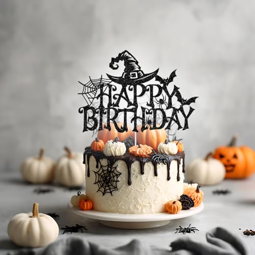 Halloween Birthday Cake Topper Witch Bat Spider Glitter Decor - Black
