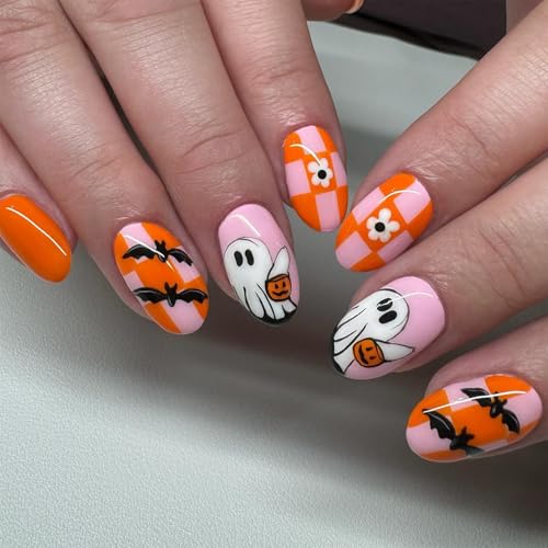 Halloween Press On Nails Short Almond Fake Nails 24 Pcs with Ghost Pumpkin Bat Flower Design - Nails-240