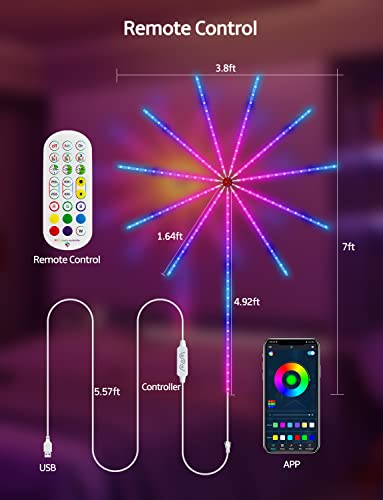 20 Inch Firework LED Strip Lights RGB Dream Color Music Sync with Remote App Control