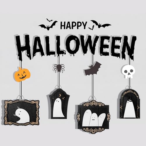 Halloween Ghost Hanging Frame Set - Black & White Wooden Decor, 9 Pieces
