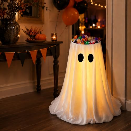 Lighted Halloween Ghost Candy Bowl with Remote Control, 35-Inch Outdoor Decor