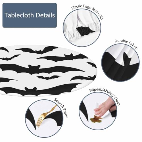 Halloween Bat Tablecloth - Black & White Round Elastic Edged Washable 40-44 Inch - Bats Variation