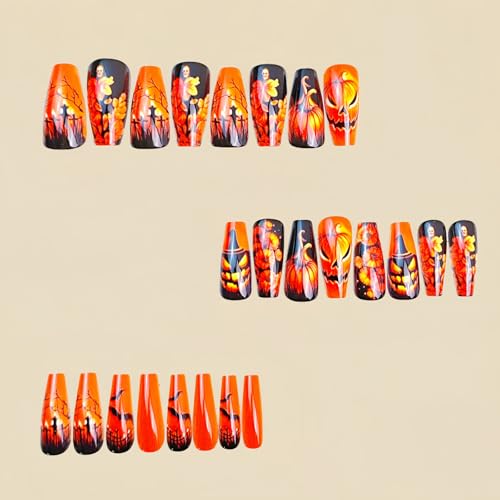 Halloween Press On Nails Coffin Short Fake Nails with Pumpkin Bat Skeleton Flower Designs - Variation 9