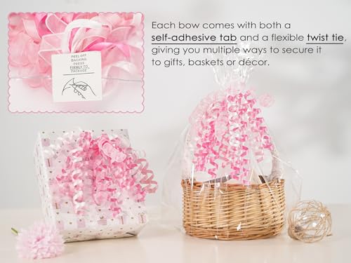 Pink & White Curly Gift Bows - 7 Inch Self-Adhesive & Tie-On for Gift Wrapping - 6 Pack