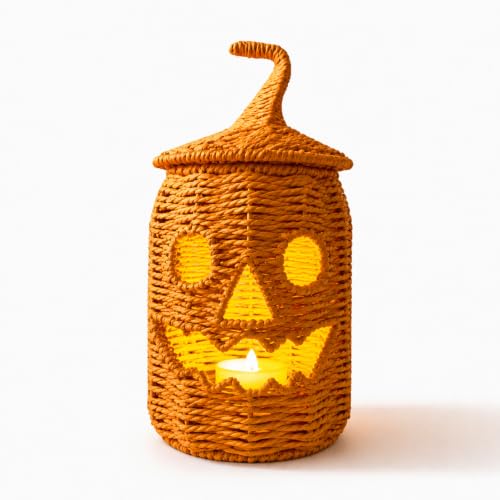 Halloween Pumpkin Jack-O-Lantern Handwoven Rattan Candy Bowl - Orange B
