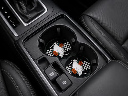 Halloween Car Coaster Set - Spooky Ghost & Bat Design, Absorbent Neoprene, Fits Most Vehicles