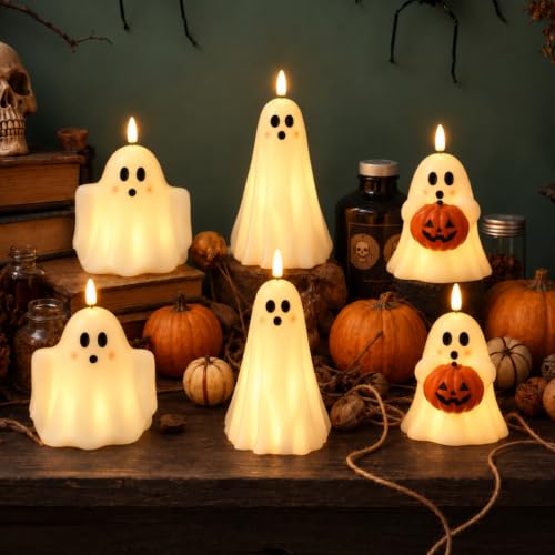 Halloween Ghost and Pumpkin Flameless Candles Set - Spooky LED Decor, 6 Pieces