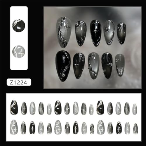 Gothic-3 Silver Press On Nails - Medium Almond Fake Nails, Reusable Black Glossy 3D Metal Art