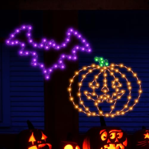 Halloween Bat & Pumpkin Window Lights - 8 Modes Battery & USB Operated Waterproof Decor