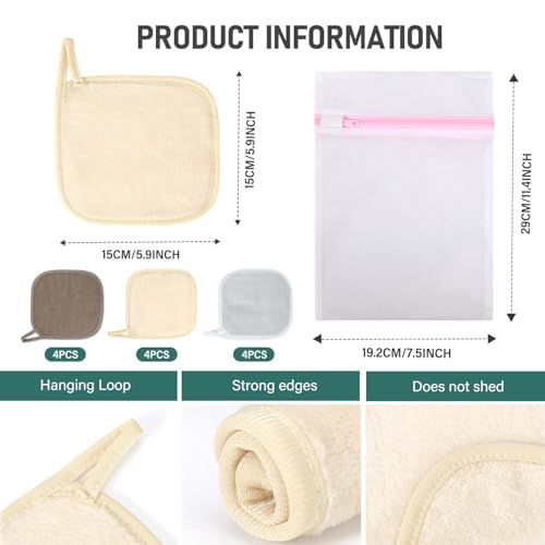 Reusable Makeup Remover Cloths Set - Khaki Brown-Grey, 12 Pack, 6x6 Inch Face Towels