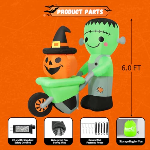6.1FT Halloween Inflatable Frankenstein with Pumpkin Cart Outdoor Decor - Waterproof, LED Lights