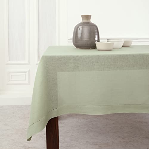 Pure Linen Table Cloth - Sage Green, 52 x 52 Inches, Classic Hemstitch