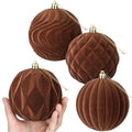Blueweenly 4-Inch Brown Velvet Christmas Ball Ornaments - Pack of 4