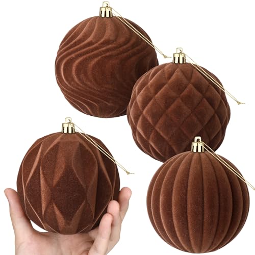 Blueweenly 4-Inch Brown Velvet Christmas Ball Ornaments - Pack of 4