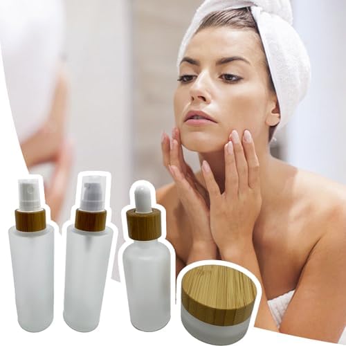 BEECO GIF2U Empty Refillable Frosted Glass Cosmetic Containers with Bamboo Cover - 5 Pack, Spray Bottle, Lotion Pump, Dropper, Roller and Cream Jar for Cosmetic Storage with Tray